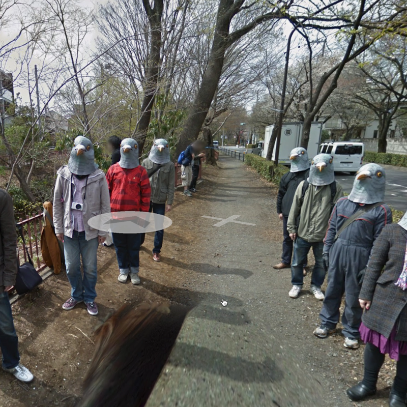 Acht Menschen mit Taubenmasken, die links und rechts eines Gehwegs stehen und Richtung Betrachter*in blicken.