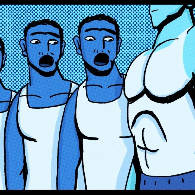 Zeichnung in Blautönen im Comic-Stil: vier männliche Personen, drei links sehen nahezu authentisch aus, tragen weiße ärmellose Shirts, schauen erstaunt einen vierten an, der einen sehr muskulösen Oberkörper hat.